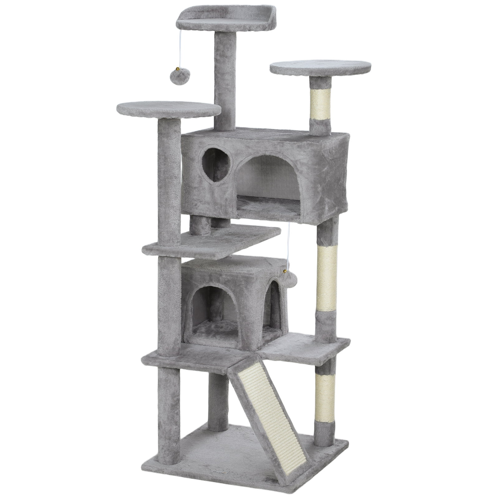 Arranhador para gatos com postes de sisal plataformas cavernas bolas pendentes e redes 49x49x138 cm cinza claro