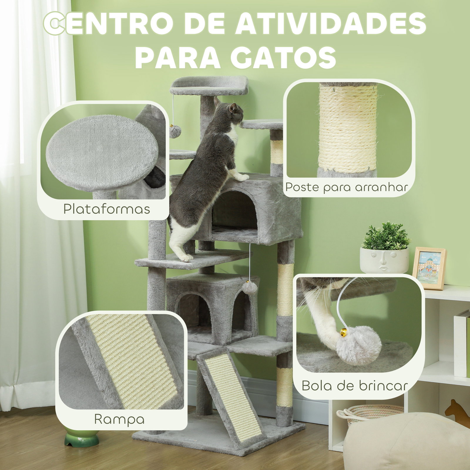 Arranhador para gatos com postes de sisal plataformas cavernas bolas pendentes e redes 49x49x138 cm cinza claro