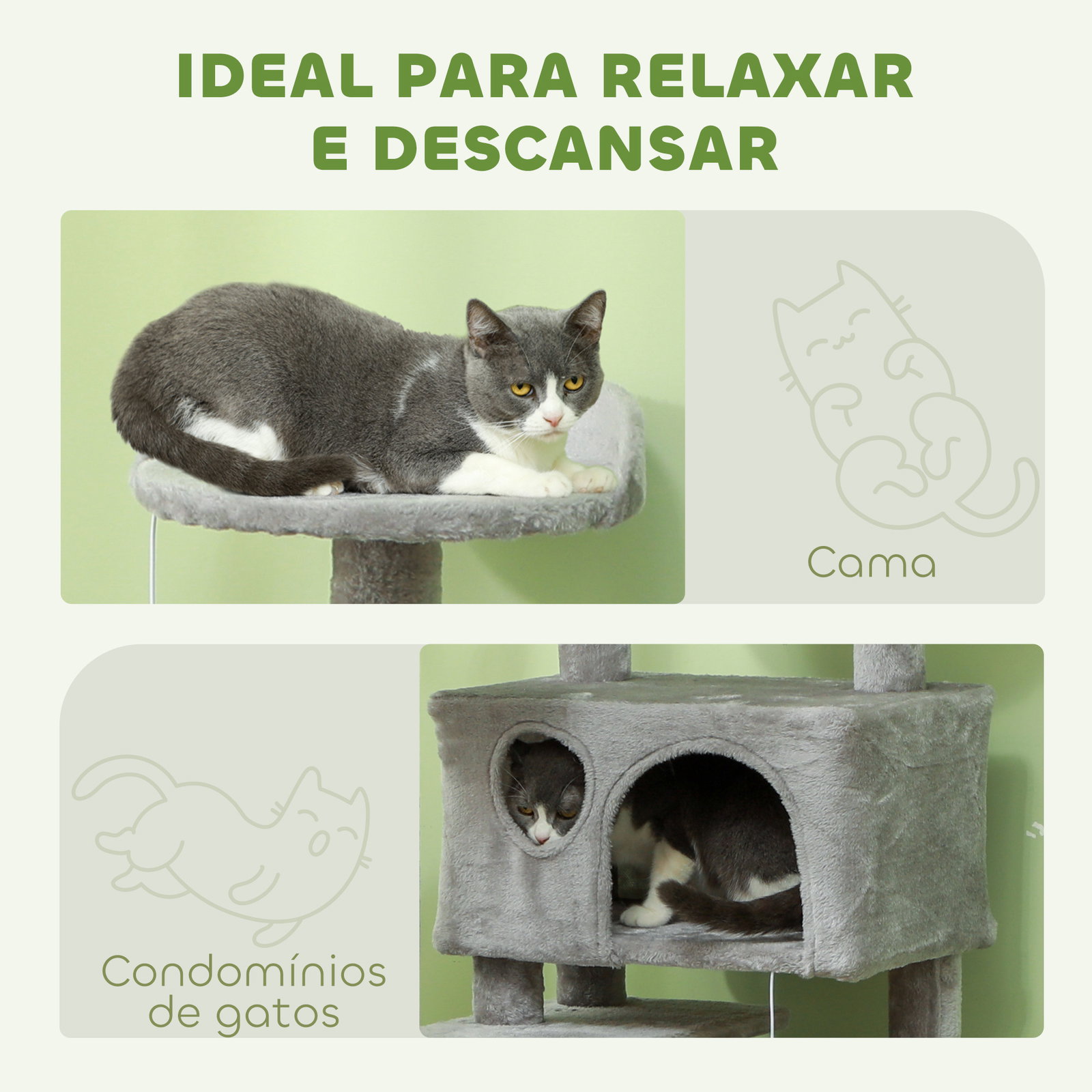Arranhador para gatos com postes de sisal plataformas cavernas bolas pendentes e redes 49x49x138 cm cinza claro