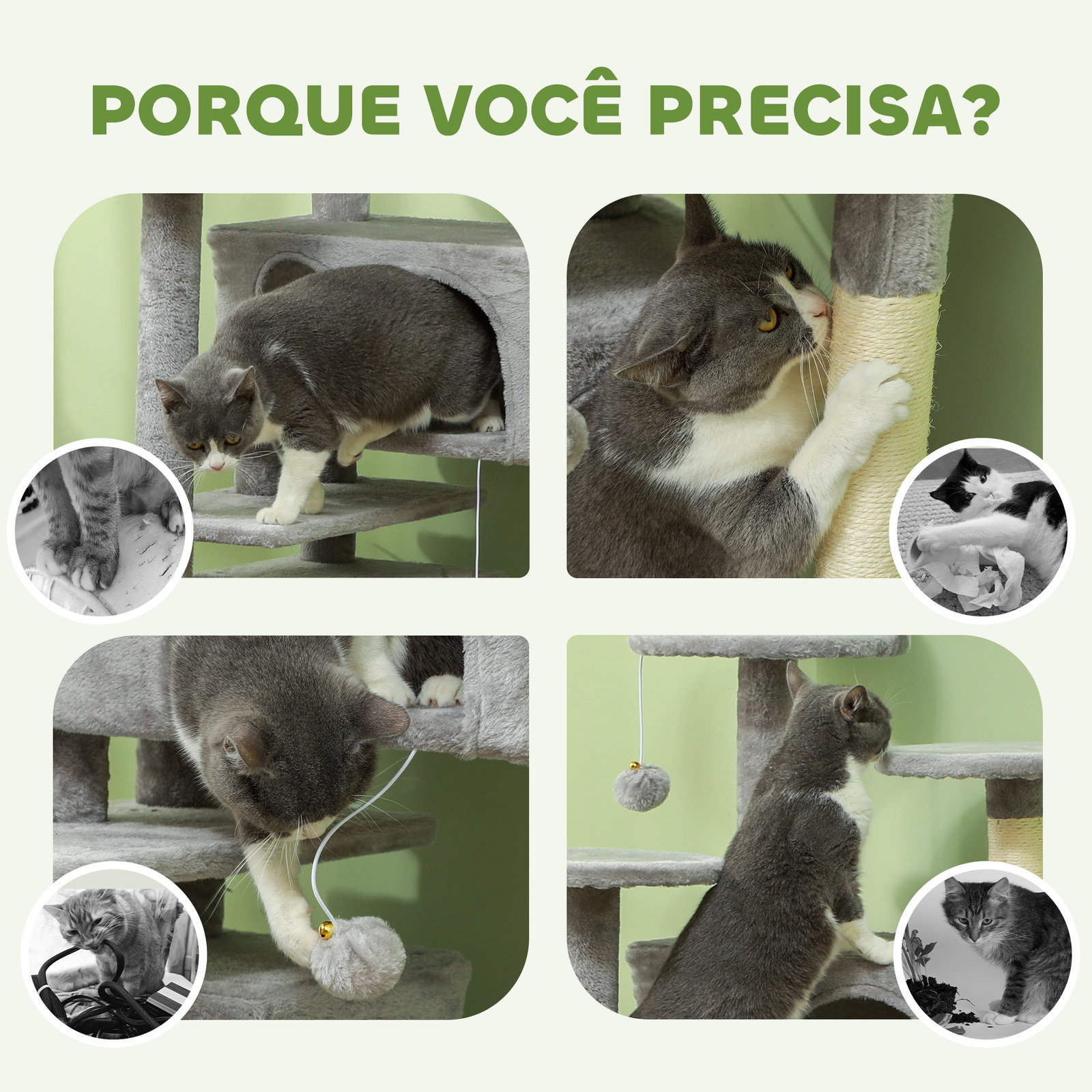 Arranhador para gatos com postes de sisal plataformas cavernas bolas pendentes e redes 49x49x138 cm cinza claro