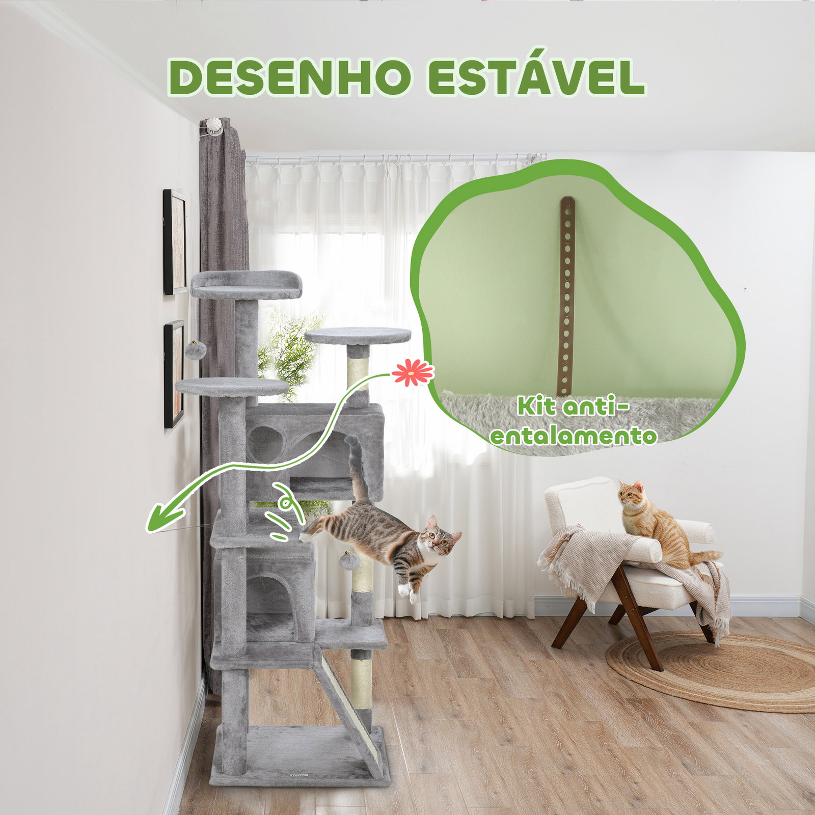 Arranhador para gatos com postes de sisal plataformas cavernas bolas pendentes e redes 49x49x138 cm cinza claro