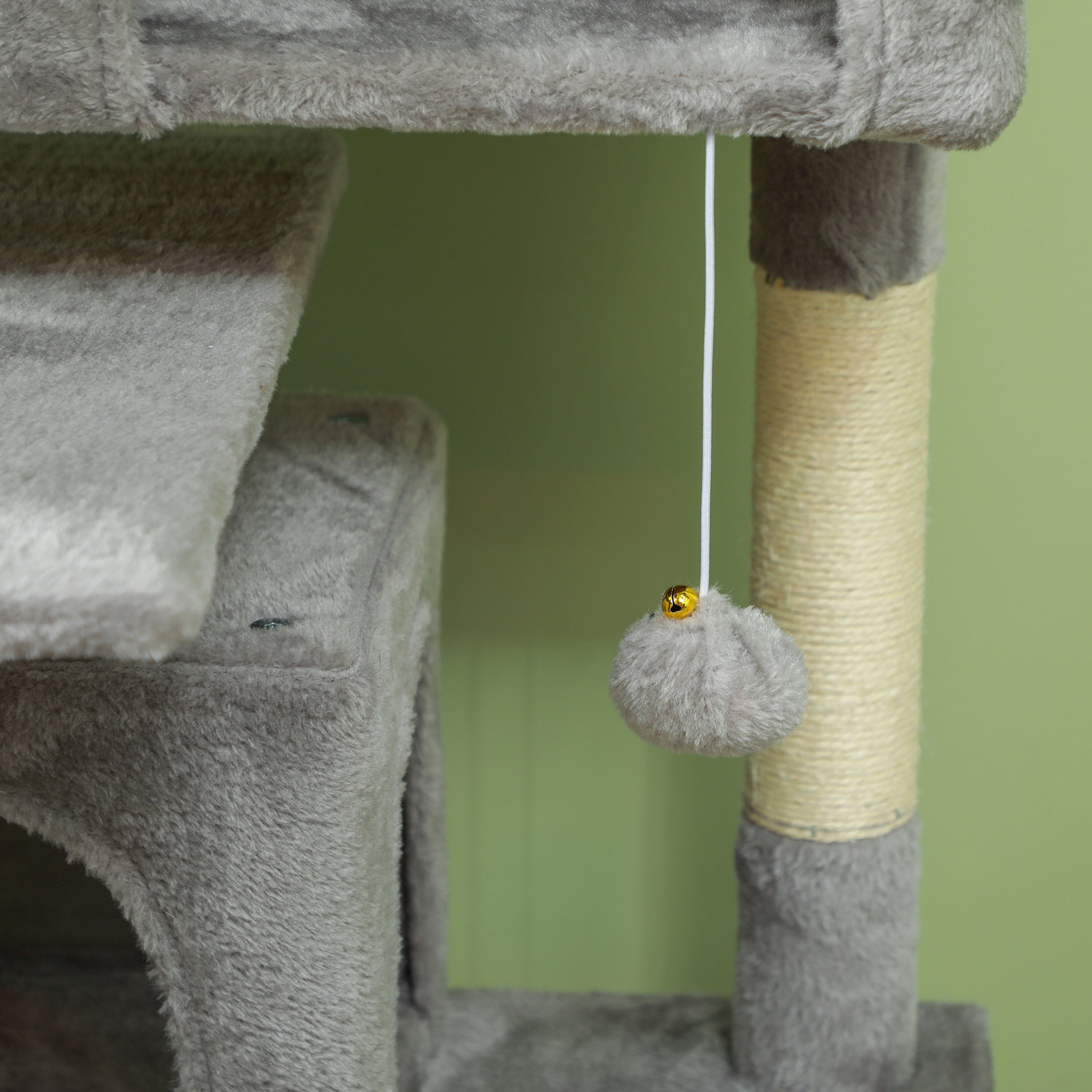 Arranhador para gatos com postes de sisal plataformas cavernas bolas pendentes e redes 49x49x138 cm cinza claro