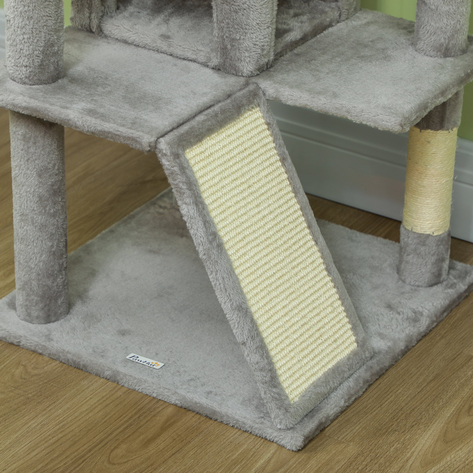 Arranhador para gatos com postes de sisal plataformas cavernas bolas pendentes e redes 49x49x138 cm cinza claro