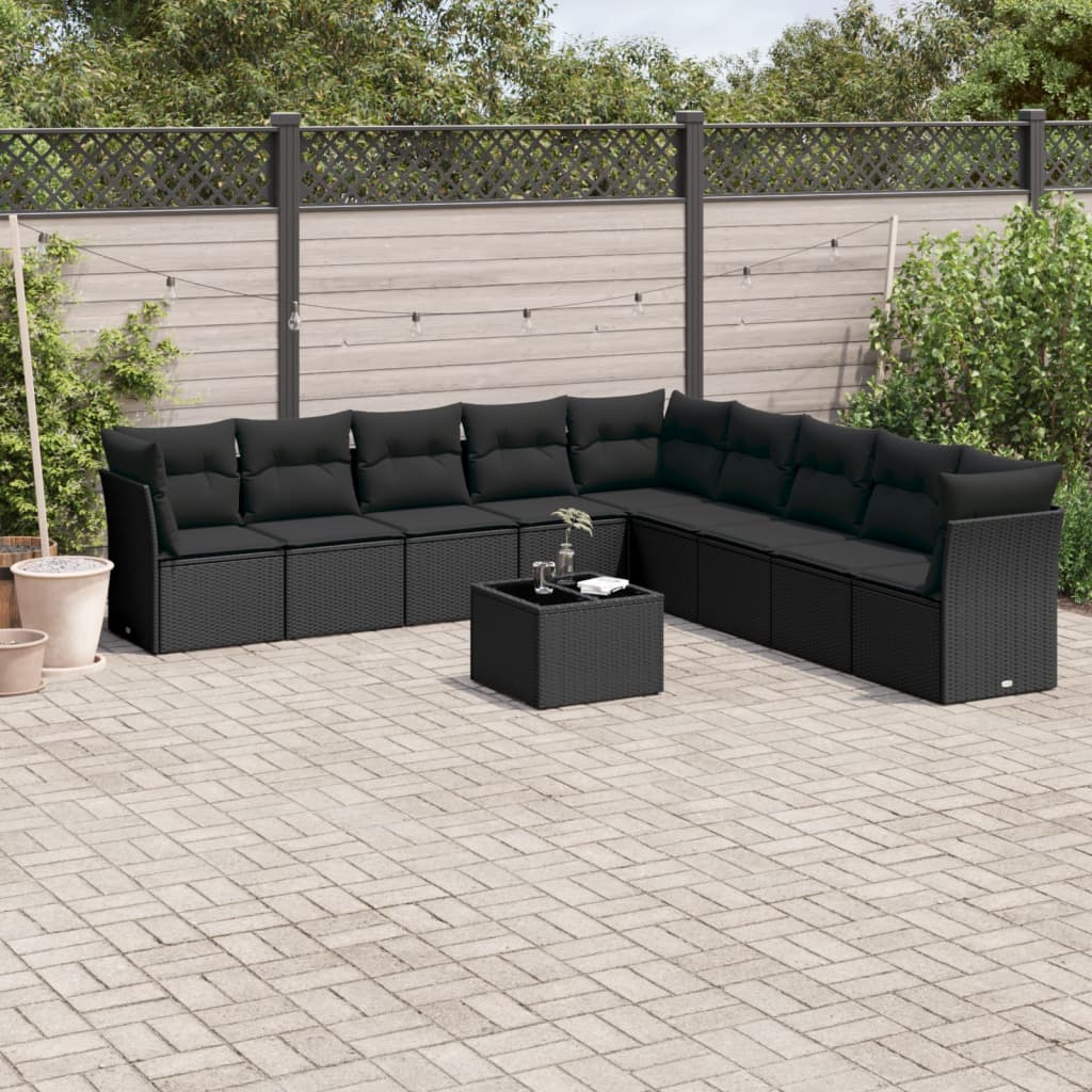 10 Pcs conjunto sofás de jardim c/ almofadões vime PE preto