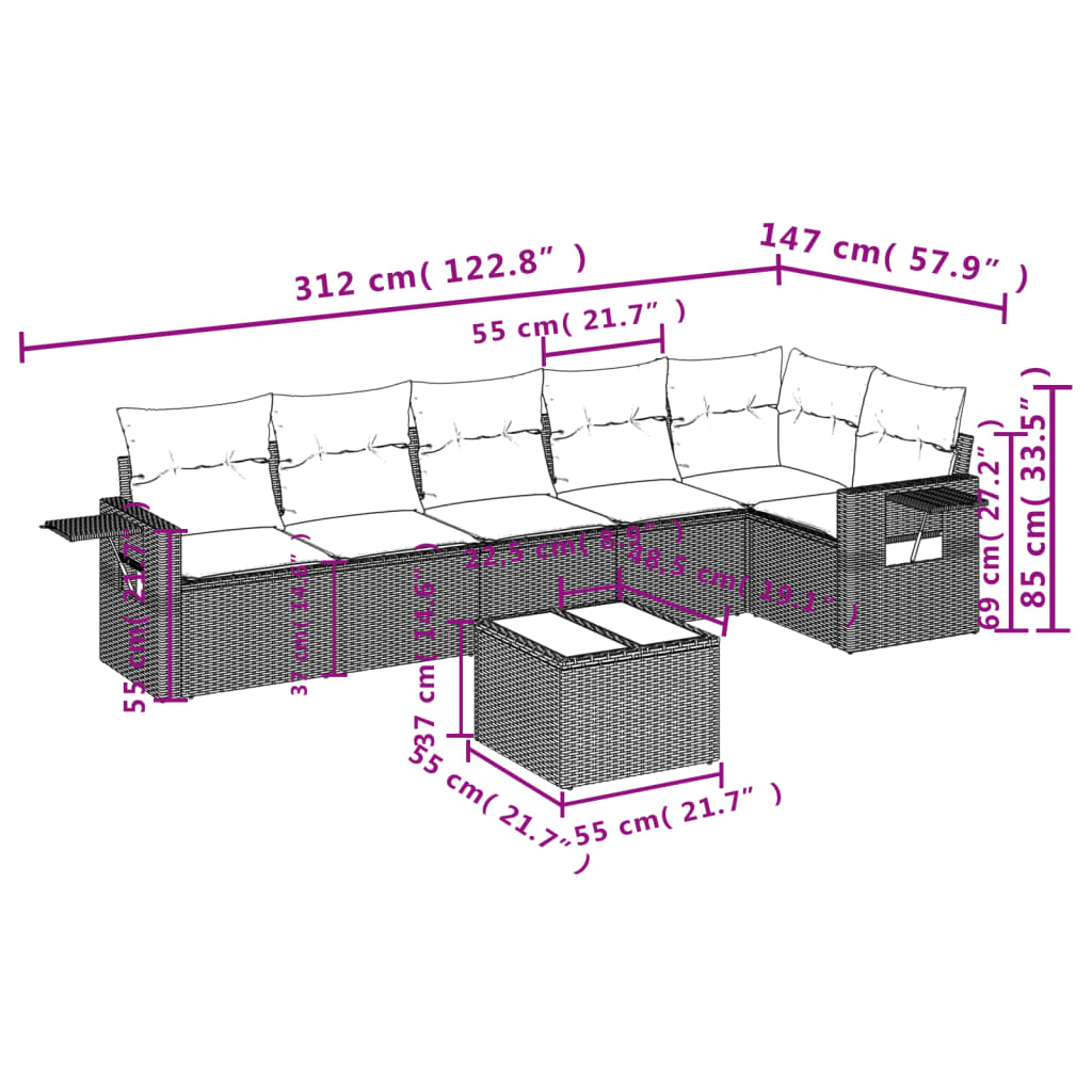 7 Pcs conj. sofás jardim com almofadões vime PE cinzento-claro