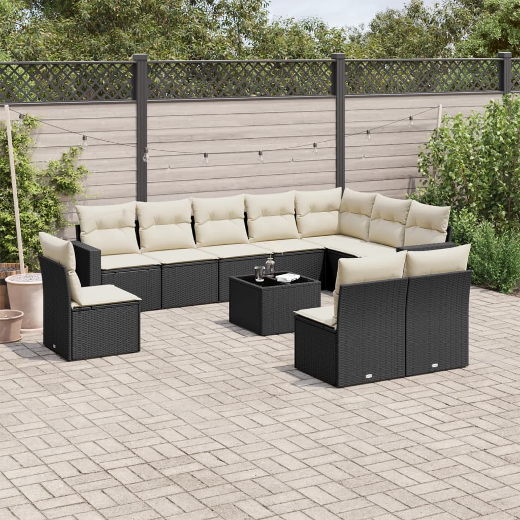 11 Pcs conjunto sofás de jardim c/ almofadões vime PE preto