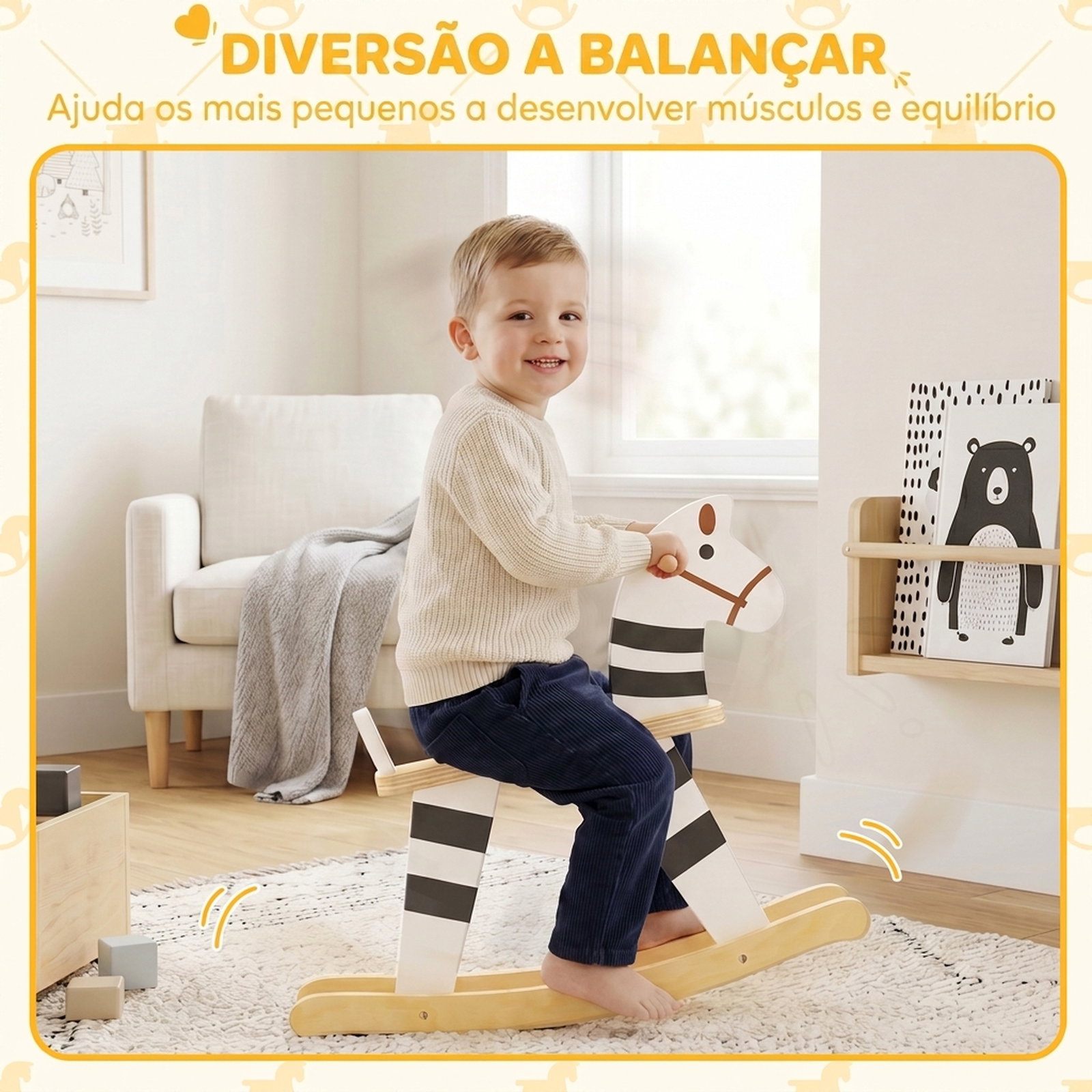 Cavalinho de baloiço para bebé com base de madeira e encosto, para crianças de 1,5 a 3 anos, preto e branco