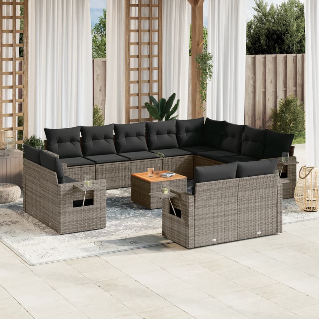 13 Pcs conjunto sofás p/ jardim c/ almofadões vime PE cinzento
