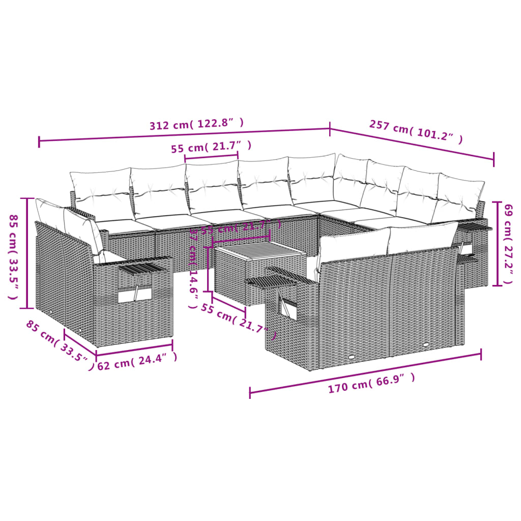 13 Pcs conjunto sofás p/ jardim c/ almofadões vime PE cinzento