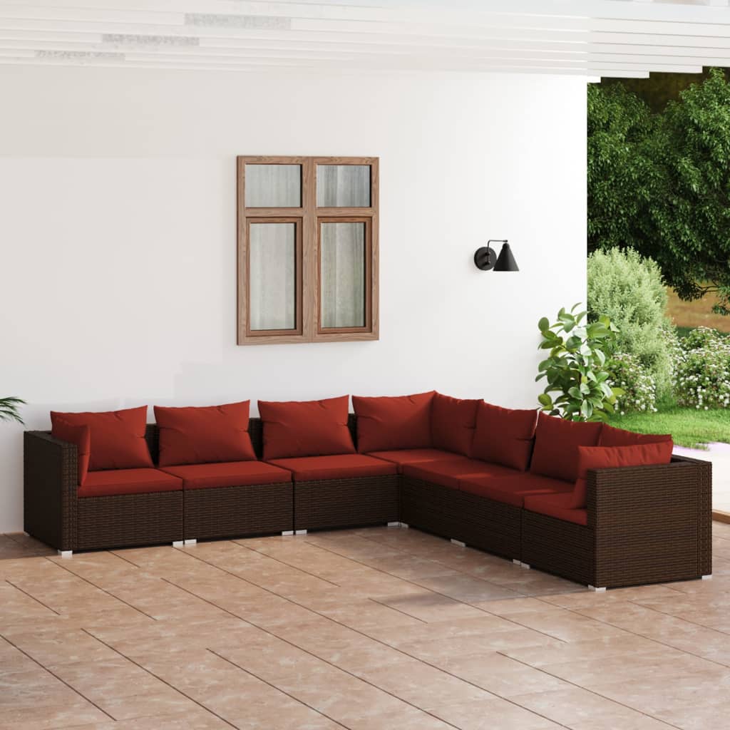 7 Pcs conjunto lounge jardim c/ almofadões vime PE castanho