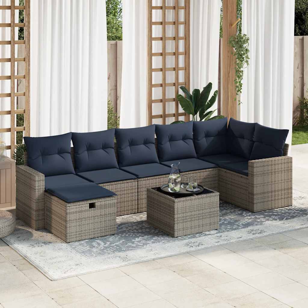 8 Pcs conjunto sofás de jardim c/ almofadões vime PE cinzento