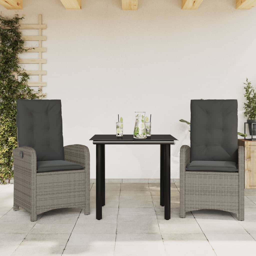 3 Pcs conjunto de jantar p/ jardim c/ almofadões vime PE cinza