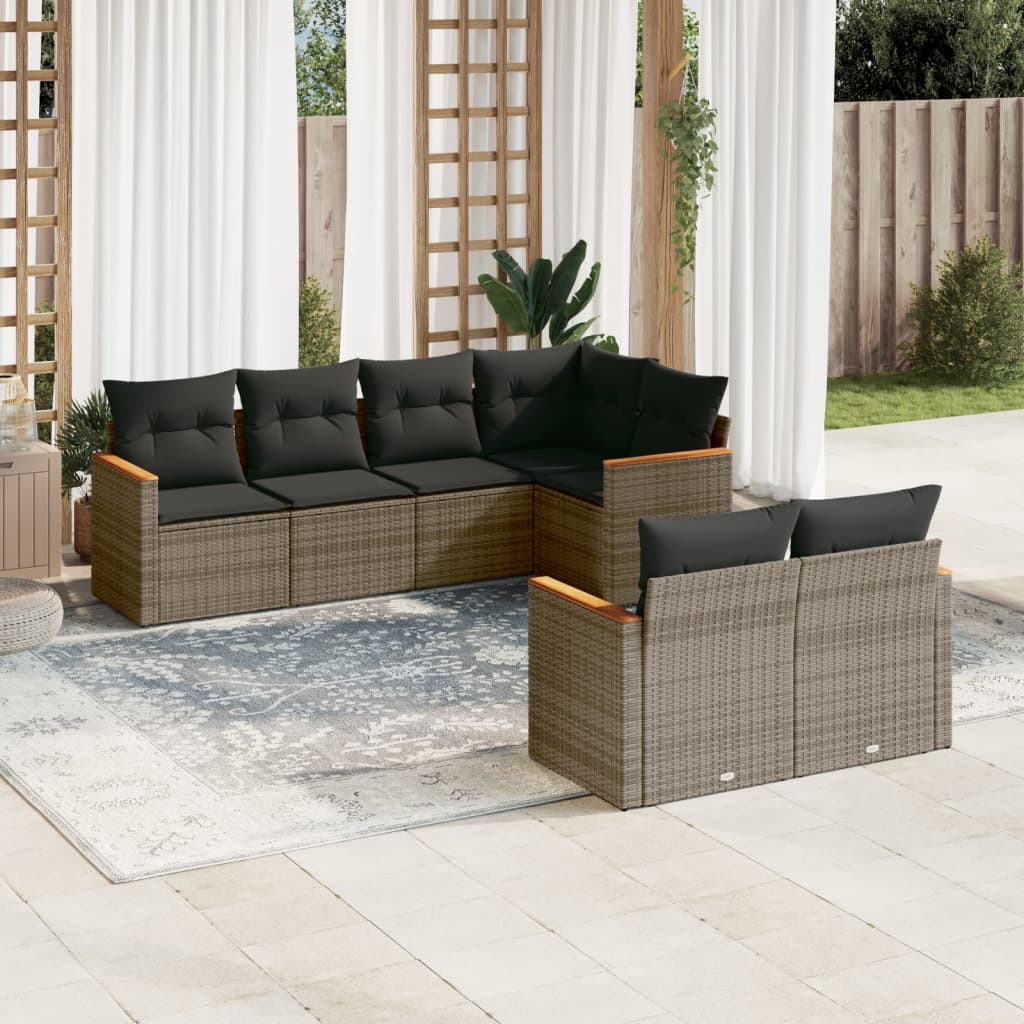 7 Pcs conjunto sofás p/ jardim c/ almofadões vime PE cinzento