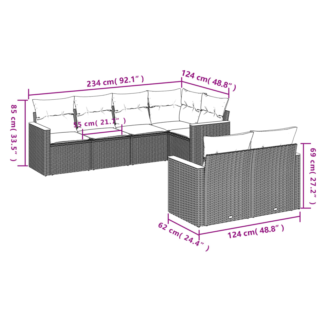 7 Pcs conjunto sofás p/ jardim c/ almofadões vime PE cinzento