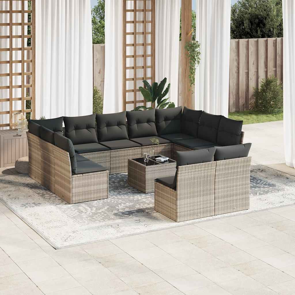 12 Pcs conj. sofás jardim com almofadões vime PE cinzento-claro