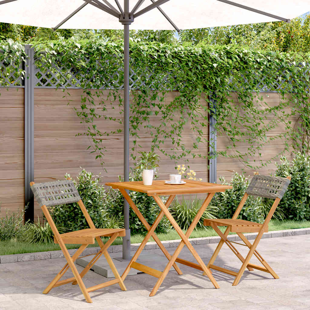 3 Pcs conjunto de bistrô vime PE e madeira maciça cinzento