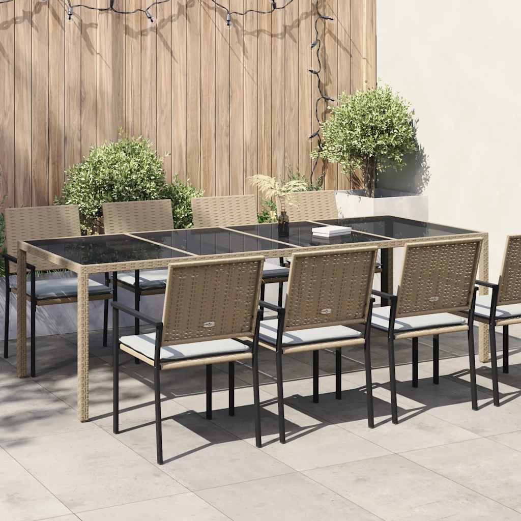 Mesa de jardim 250x100x75 cm vidro temperado e vime PE bege