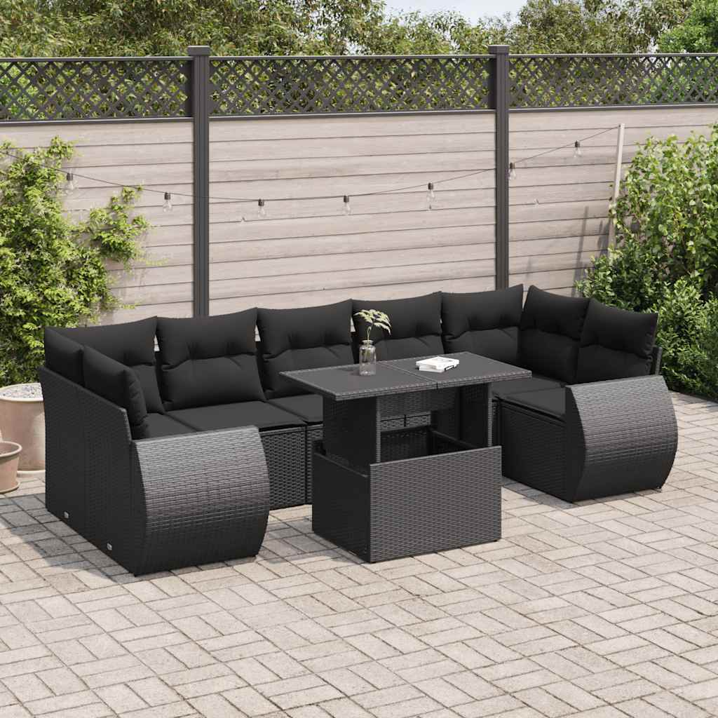 8 Pcs conjunto sofás de jardim com almofadões vime PE preto