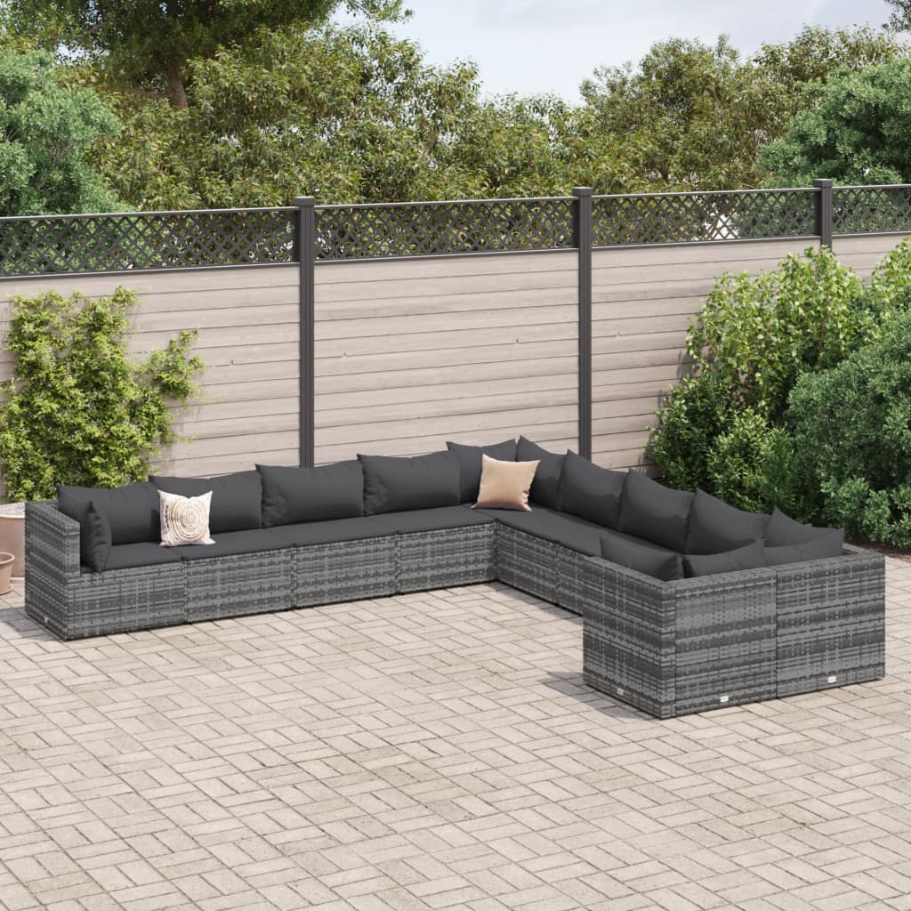 10 Pcs conjunto sofás de jardim c/ almofadões vime PE cinzento