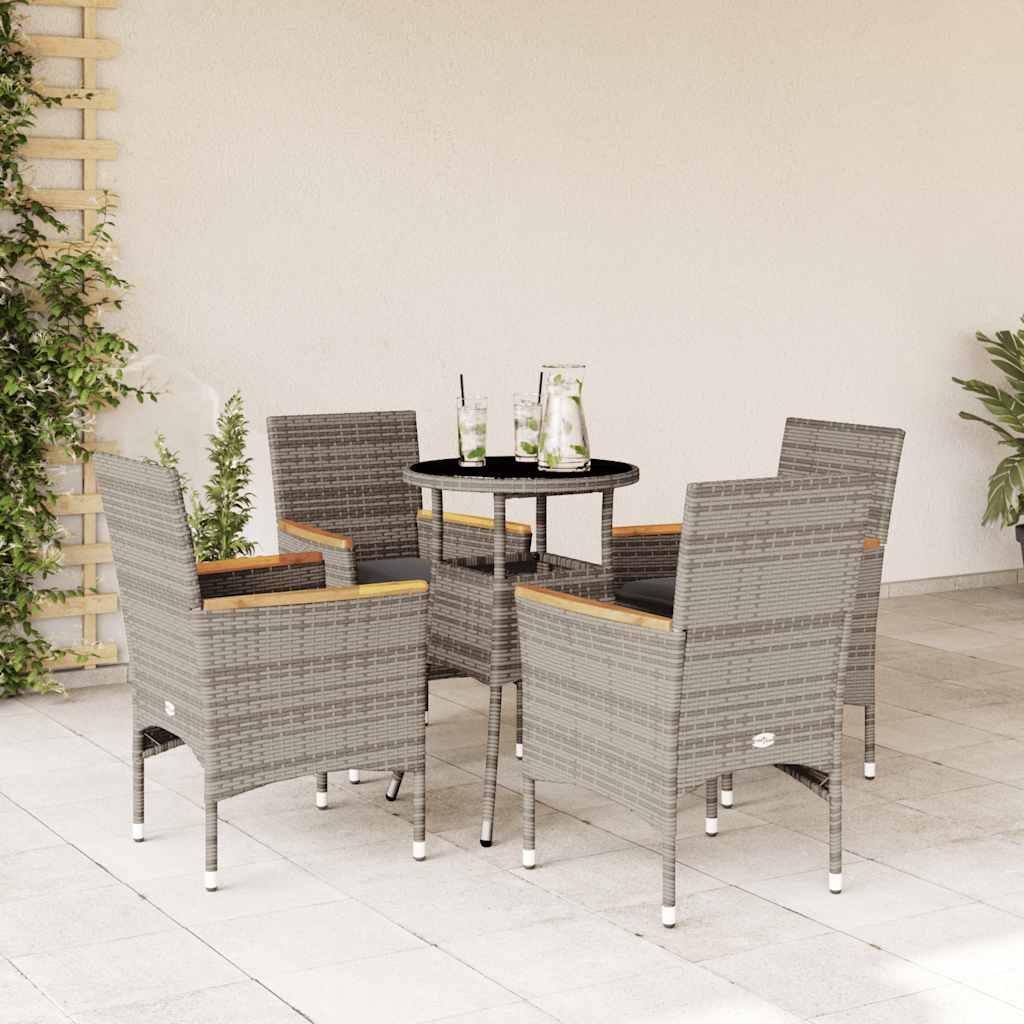 5 Pcs conjunto jantar jardim c/ almofadões vime PE/vidro cinza