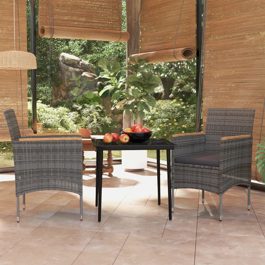 3 Pcs conj. de jantar para jardim c/ almofadões cinzento/preto