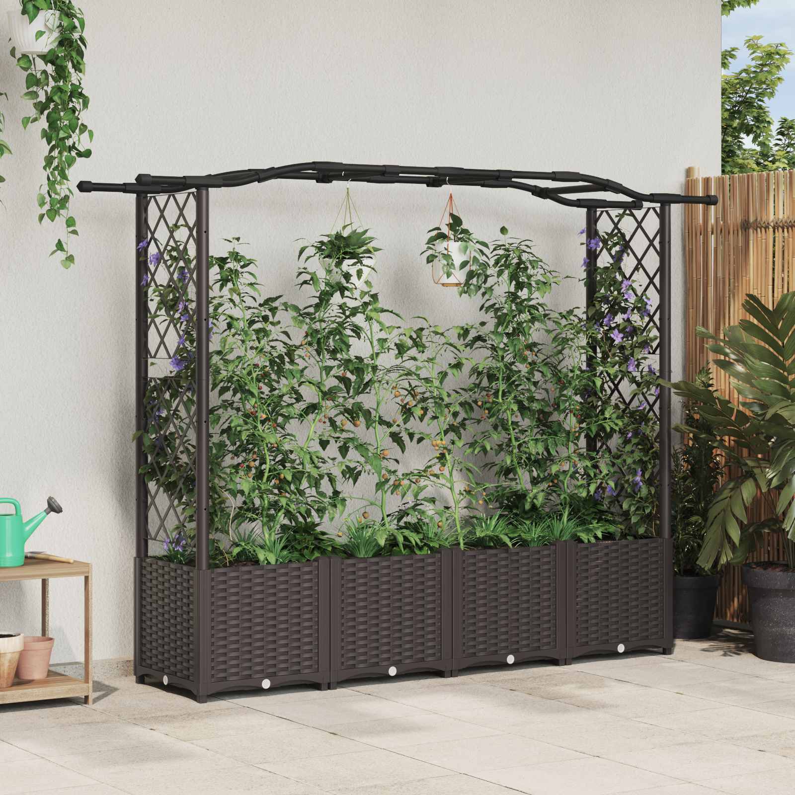 Cama elevada com treliça e telhado castanho 204 x 40 x 138 cm