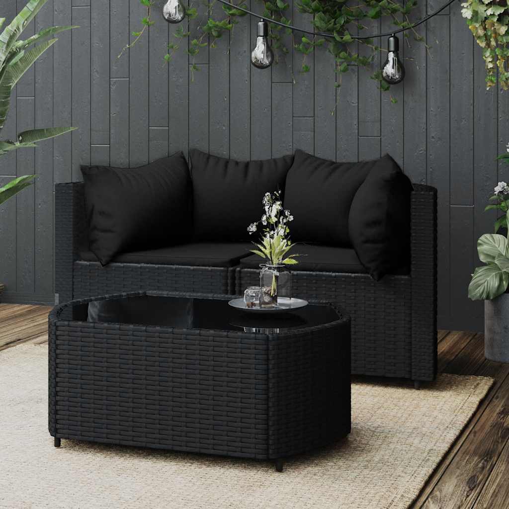 3 Pcs conjunto lounge de jardim c/ almofadões vime PE preto
