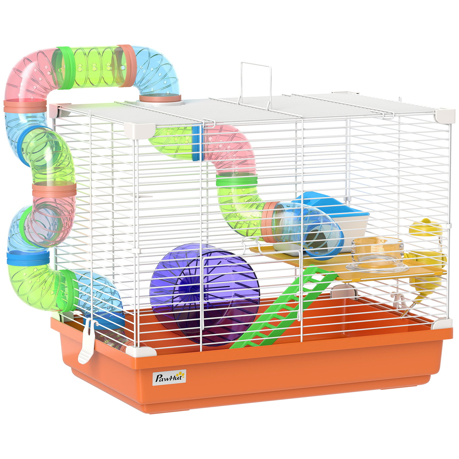 Gaiola para hamster com túnel prato bebedouro casinha rampa roda de exercício bandeja removível 46x30x37 cm laranja