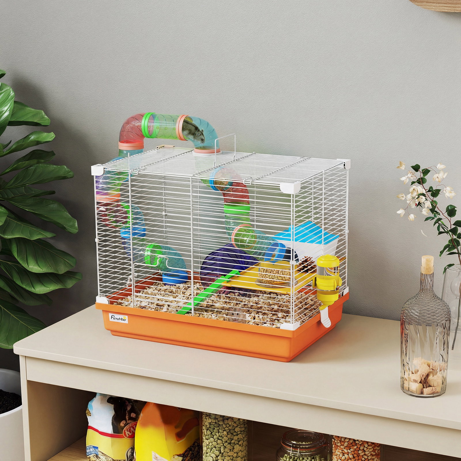 Gaiola para hamster com túnel prato bebedouro casinha rampa roda de exercício bandeja removível 46x30x37 cm laranja