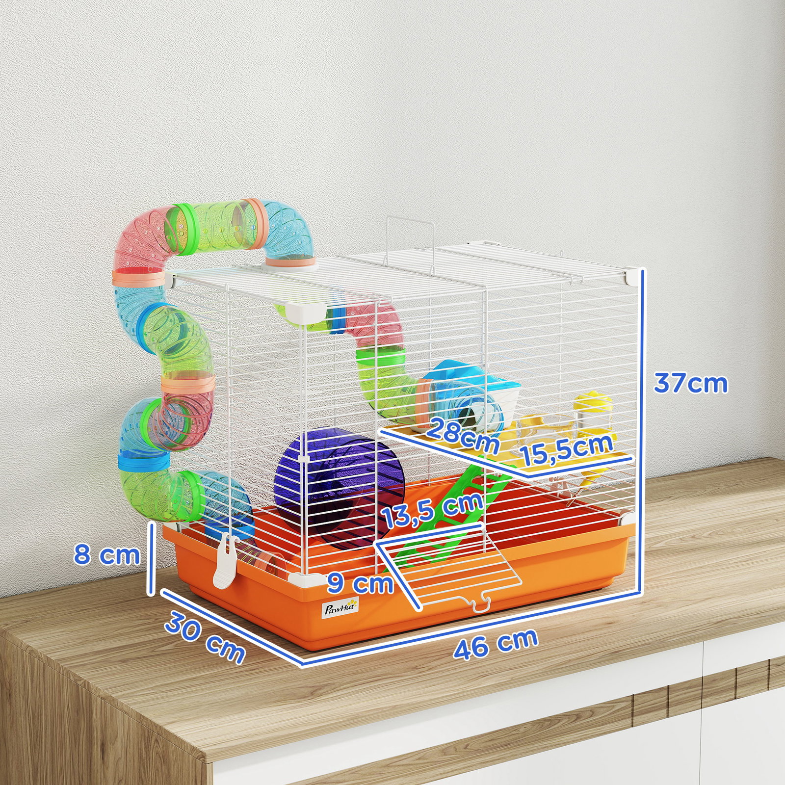 Gaiola para hamster com túnel prato bebedouro casinha rampa roda de exercício bandeja removível 46x30x37 cm laranja
