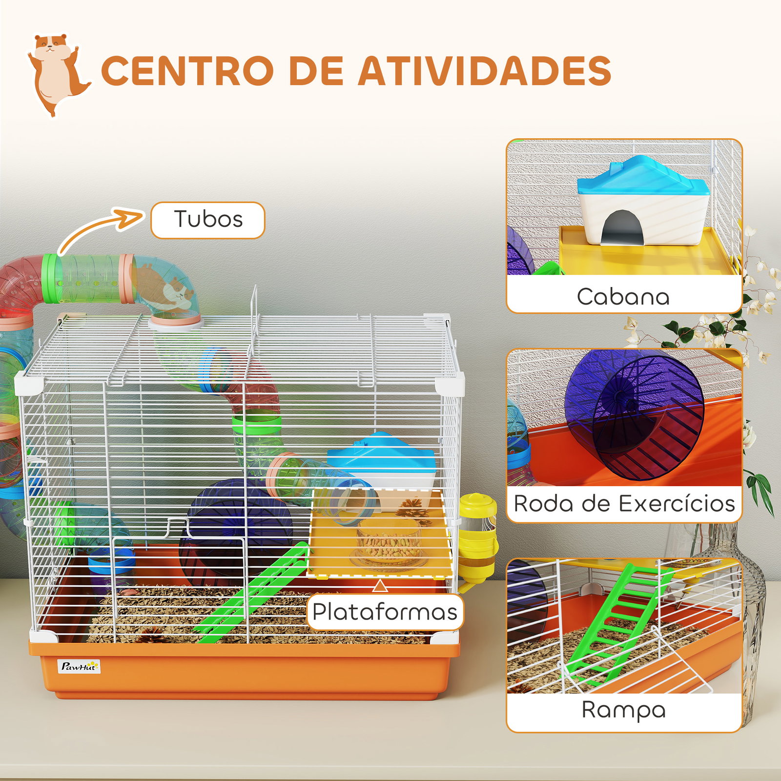 Gaiola para hamster com túnel prato bebedouro casinha rampa roda de exercício bandeja removível 46x30x37 cm laranja