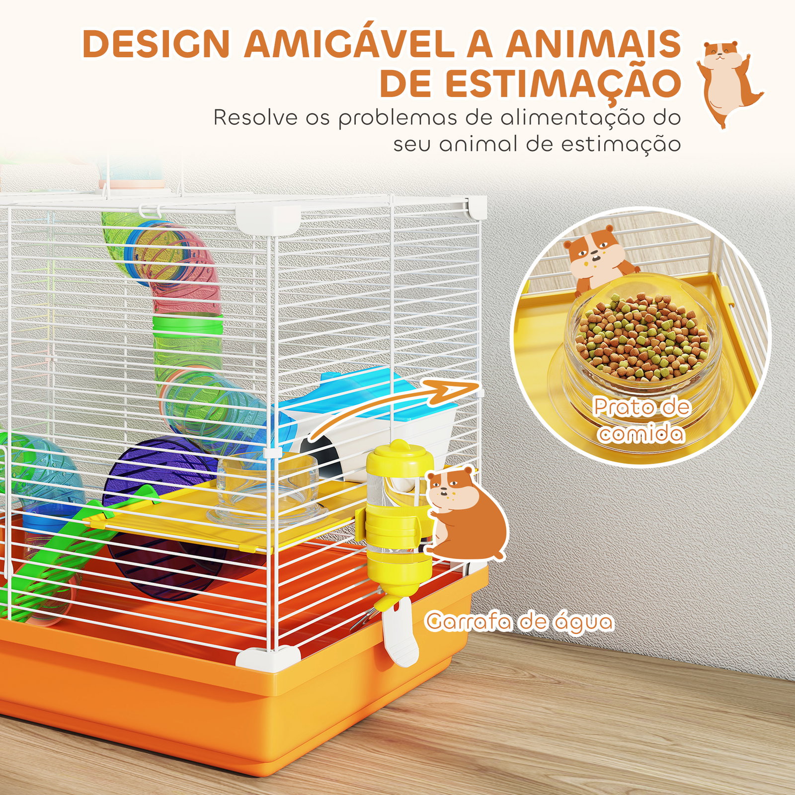 Gaiola para hamster com túnel prato bebedouro casinha rampa roda de exercício bandeja removível 46x30x37 cm laranja