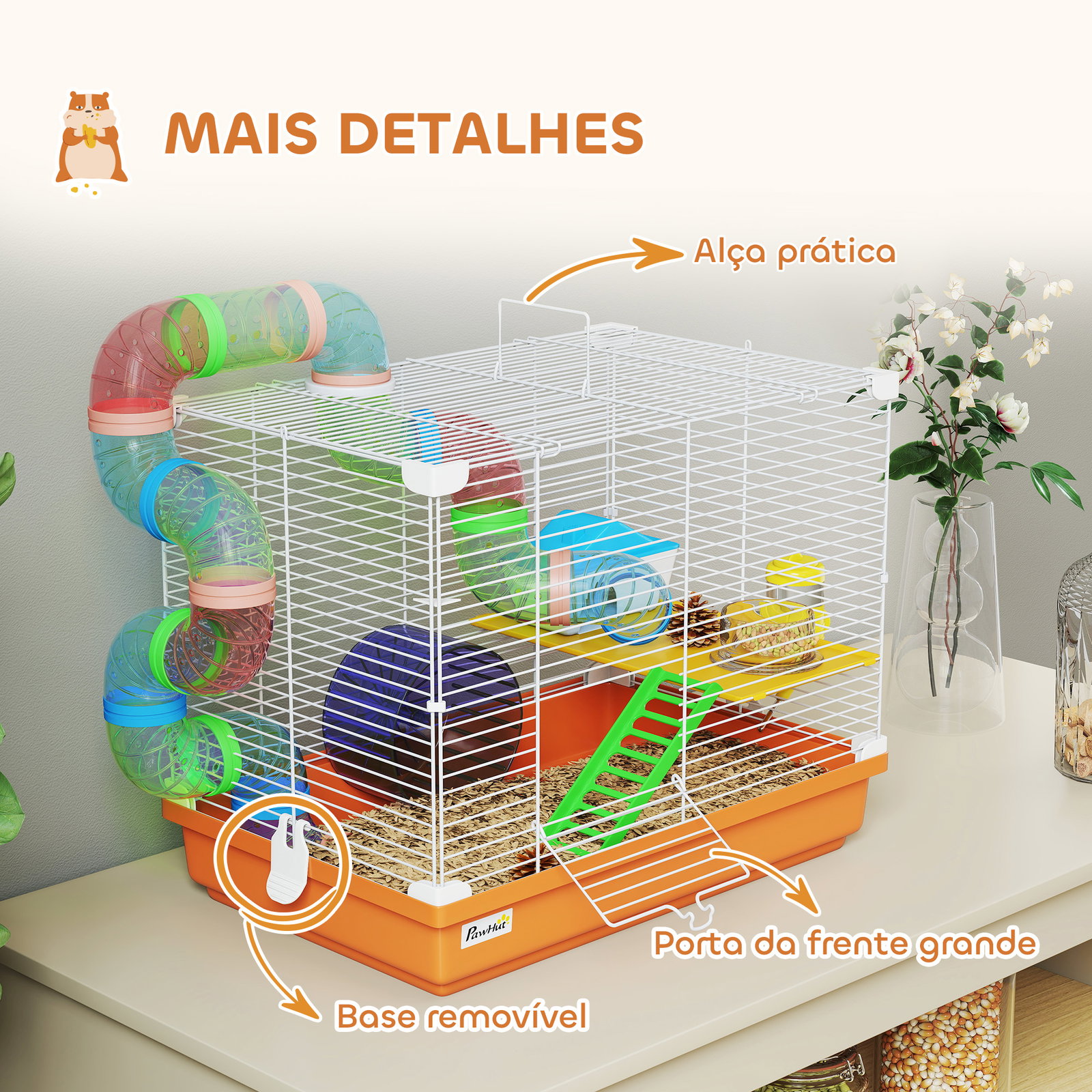 Gaiola para hamster com túnel prato bebedouro casinha rampa roda de exercício bandeja removível 46x30x37 cm laranja
