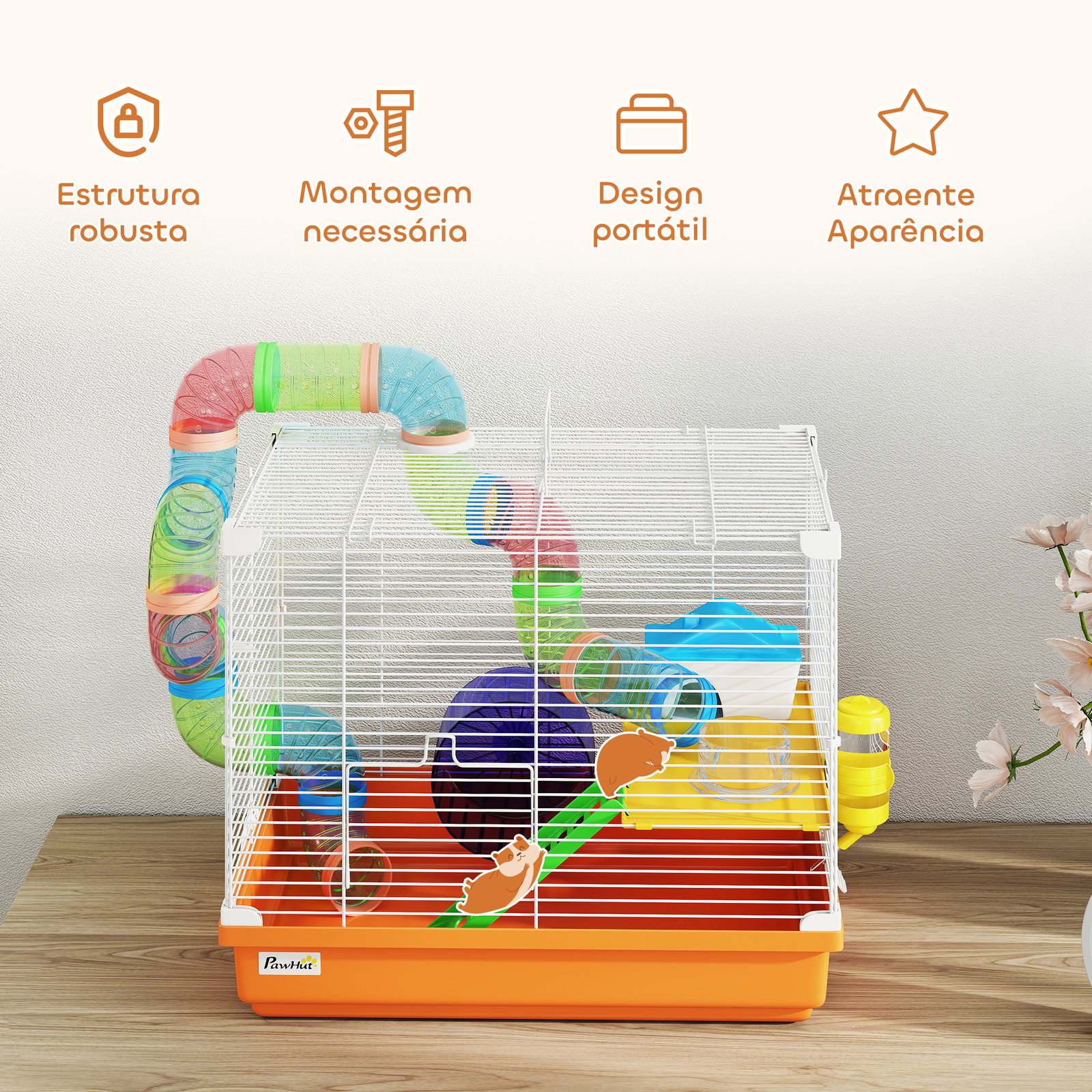 Gaiola para hamster com túnel prato bebedouro casinha rampa roda de exercício bandeja removível 46x30x37 cm laranja