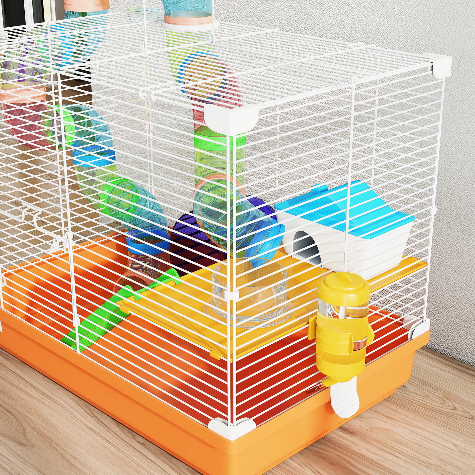 Gaiola para hamster com túnel prato bebedouro casinha rampa roda de exercício bandeja removível 46x30x37 cm laranja