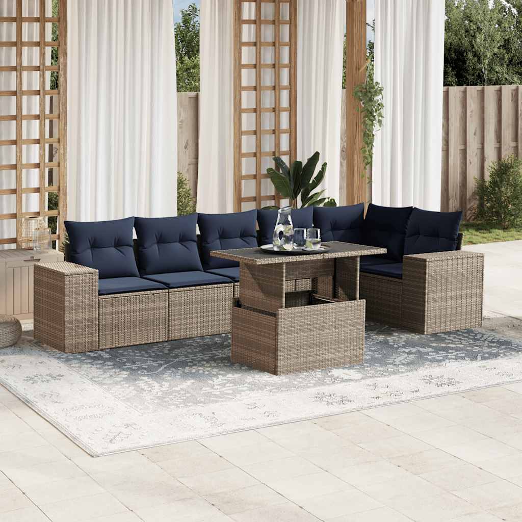 Conjunto de sofá de jardim com 7 peças e almofadas em rattan sintético cinza