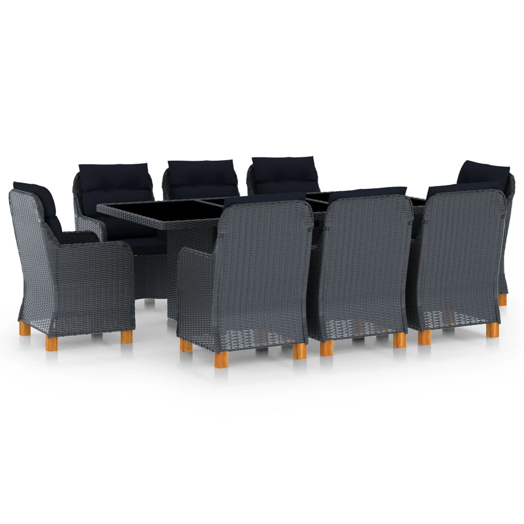 9 Pcs conj. jantar exterior c/ almofadões vime PE cinza-escuro