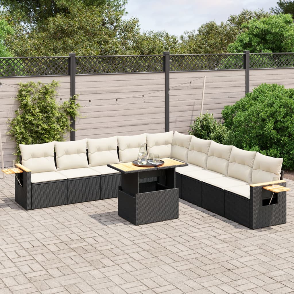 11 Pcs conjunto sofás de jardim c/ almofadões vime PE preto