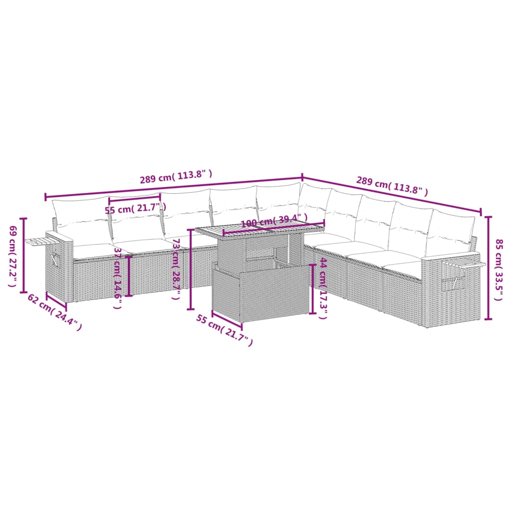 11 Pcs conjunto sofás de jardim c/ almofadões vime PE preto