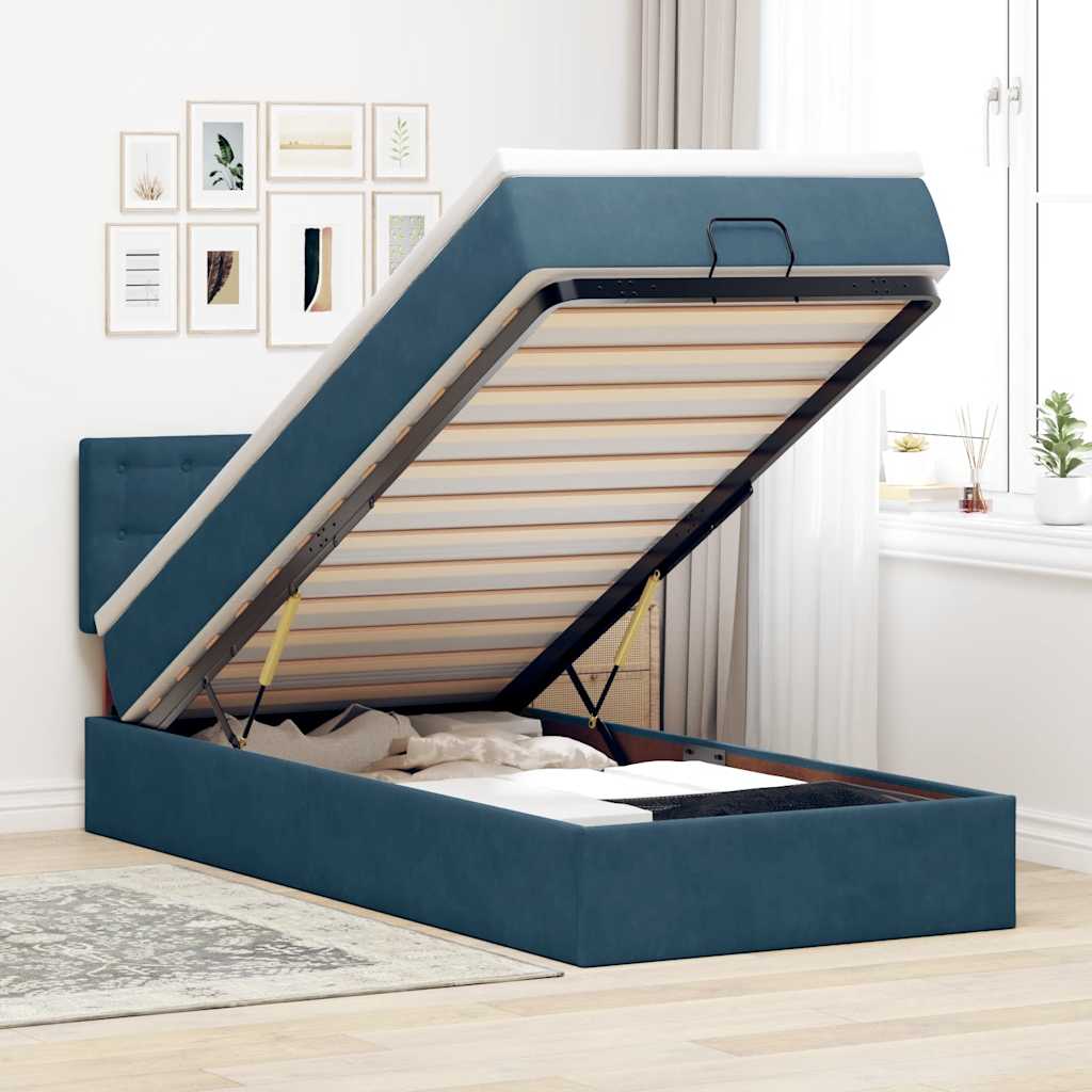 Estrutura cama otomana colchão 80x200 cm veludo azul escuro