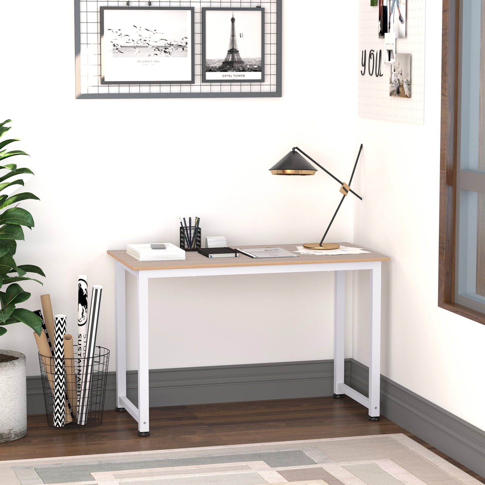 Secretária moderna mesa de estudo com estrutura de aço e pés ajustáveis mesa de computador 120x60x76 cm branco e madeira