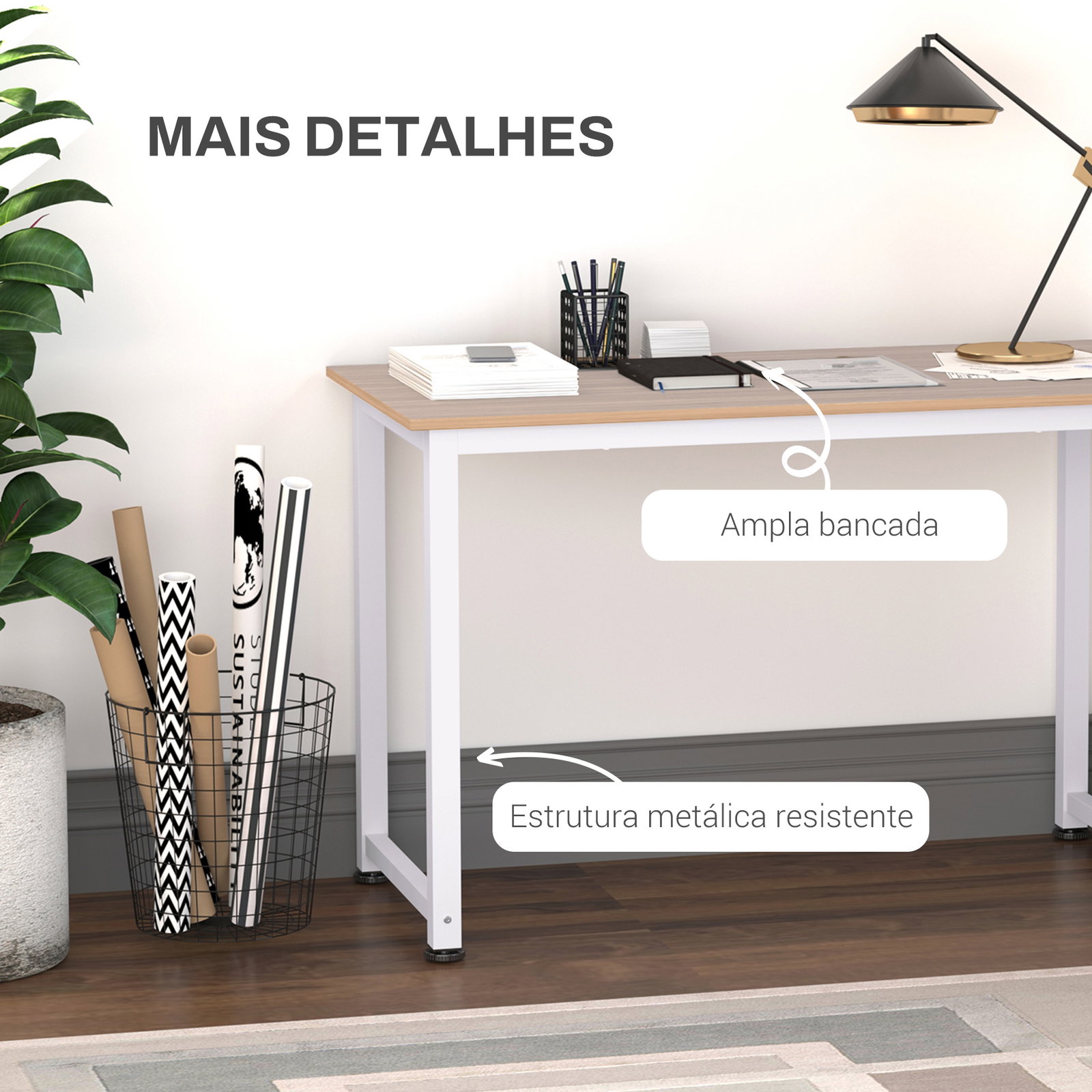 Secretária moderna mesa de estudo com estrutura de aço e pés ajustáveis mesa de computador 120x60x76 cm branco e madeira