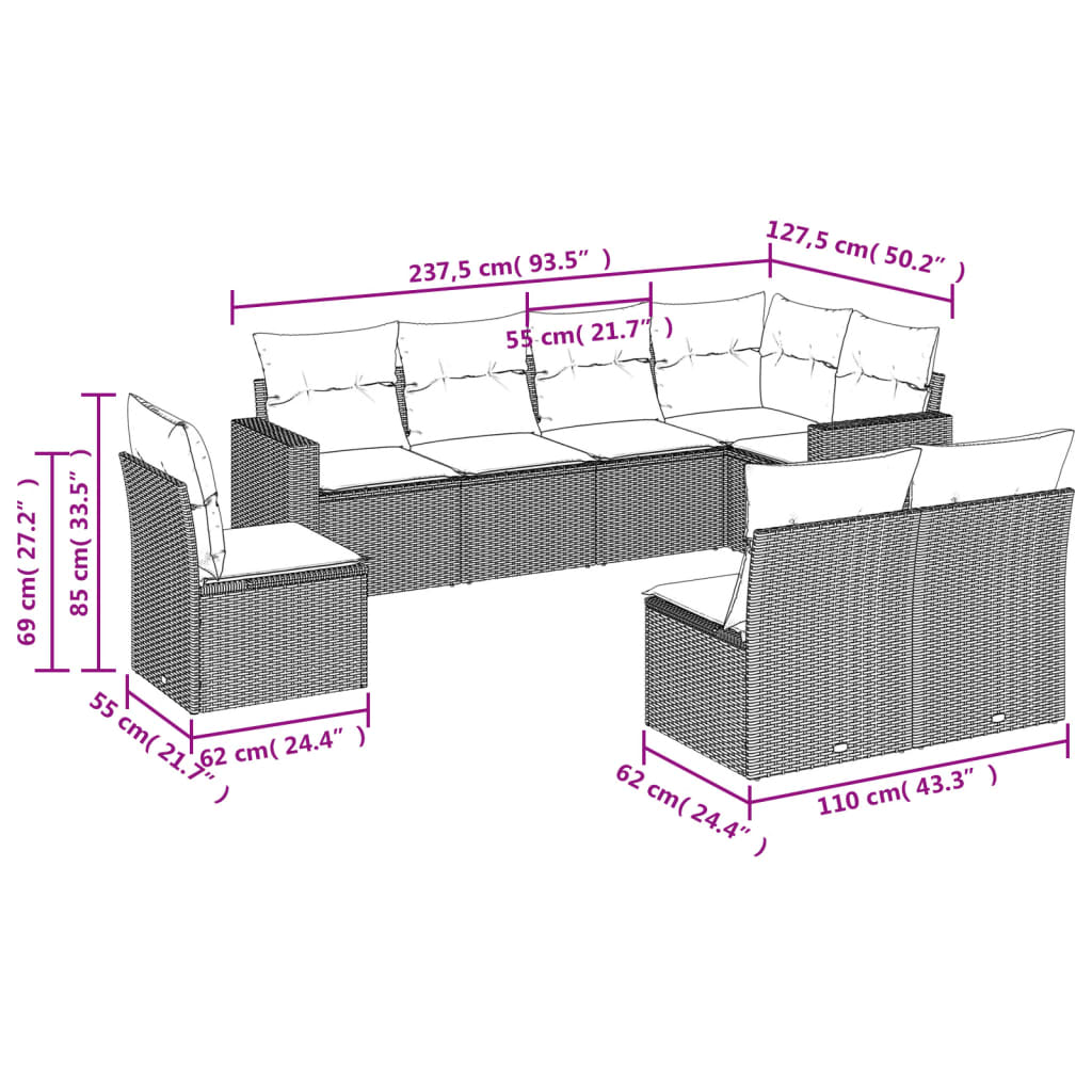 8 Pcs conjunto de sofás p/ jardim com almofadões vime PE bege