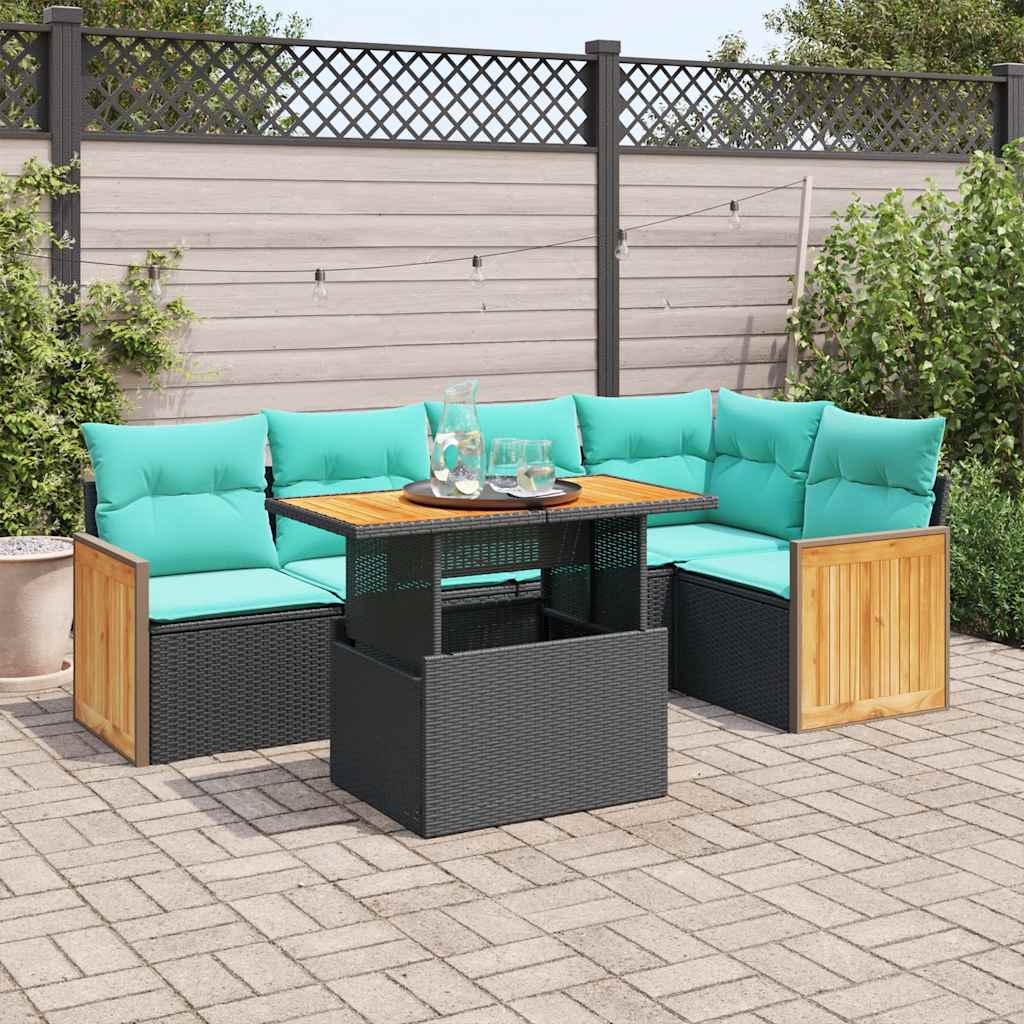 6 Pcs conjunto sofás jardim c/ almofadões vime PE/acácia preto