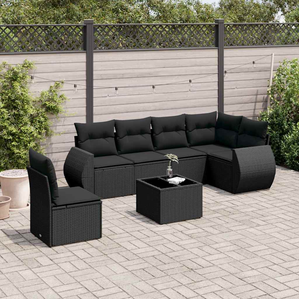 7 Pcs conjunto de sofás p/ jardim c/ almofadões vime PE preto