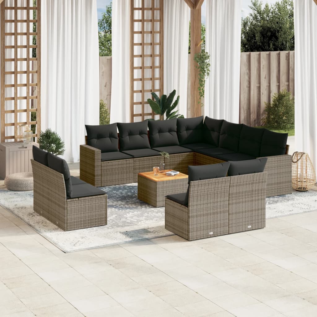 12 Pcs conjunto de sofás jardim c/ almofadões vime PE cinzento