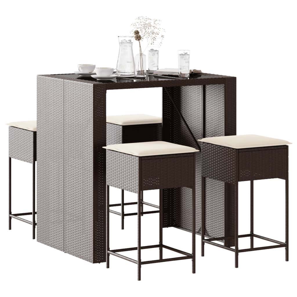 5 Pcs conjunto de bar p/ jardim c/ almofadões vime PE castanho