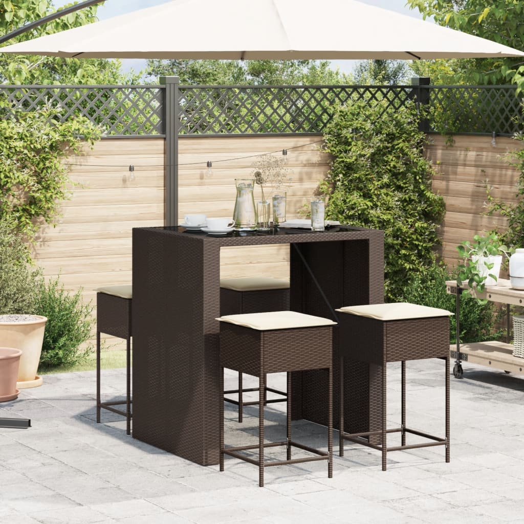 5 Pcs conjunto de bar p/ jardim c/ almofadões vime PE castanho
