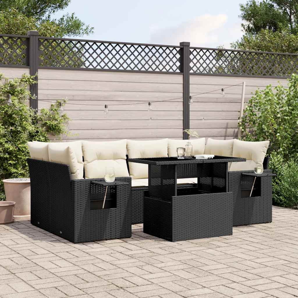 7 Pcs conjunto de sofás p/ jardim c/ almofadões vime PE preto