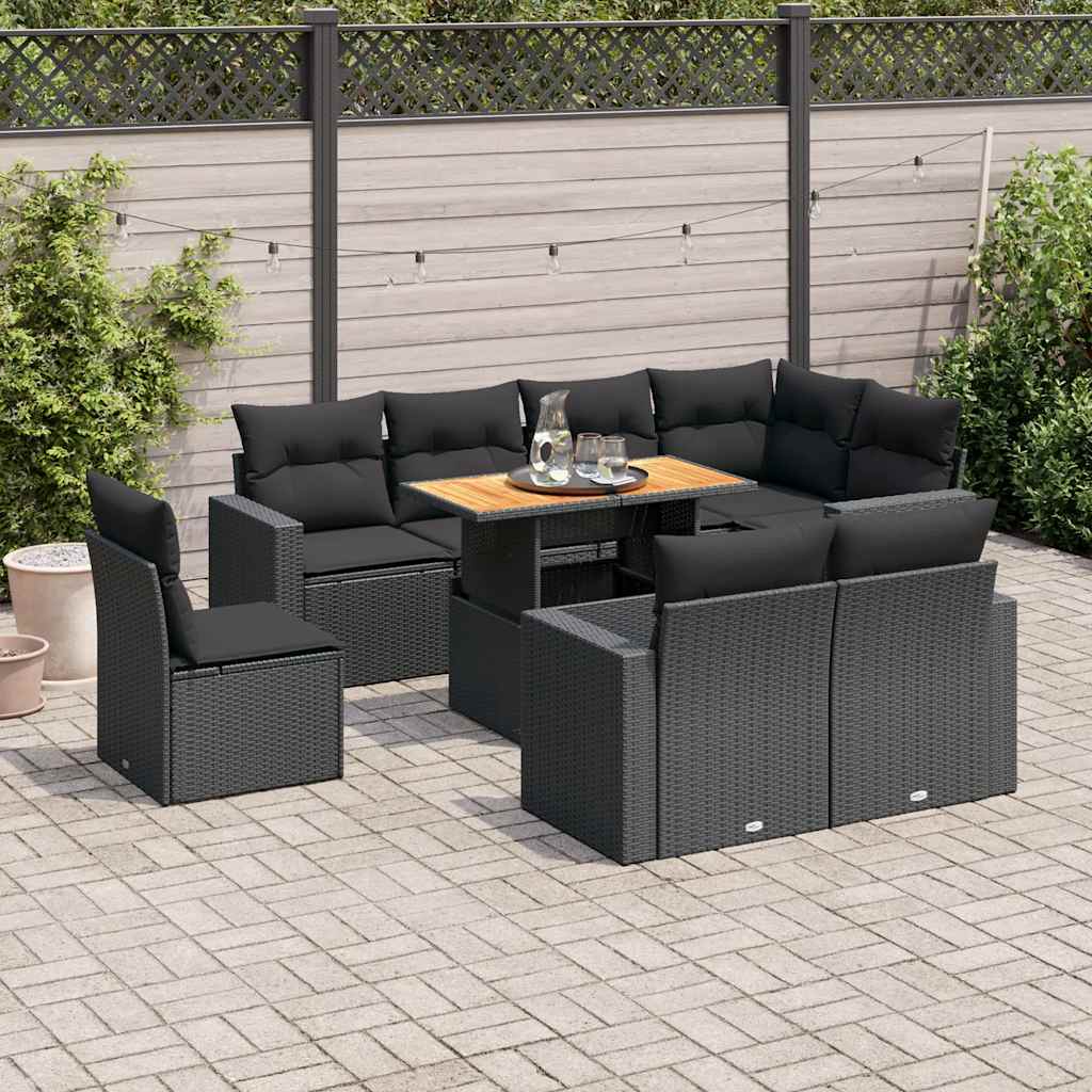 9 Pcs conjunto de sofás p/ jardim c/ almofadões vime PE preto